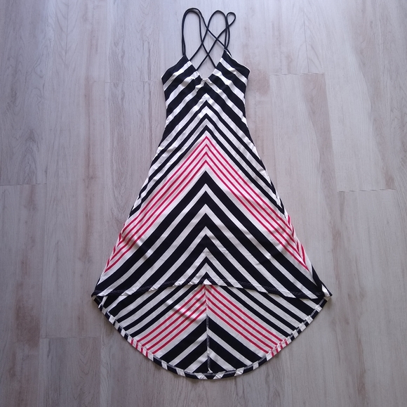 BEBE Maxi Sundress Spaghetti Strap Low-Cut Striped Black White Red Extra Small - Picture 2 of 10